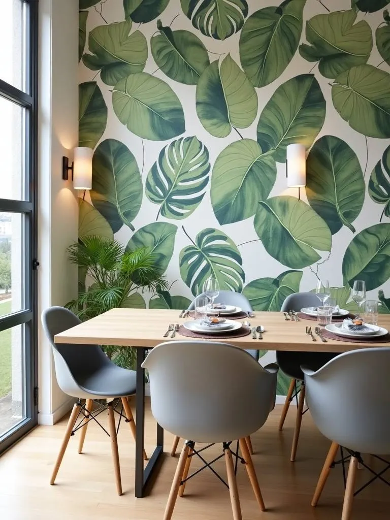 Dining room with a large green leaf botanical print wallpaper accent wall