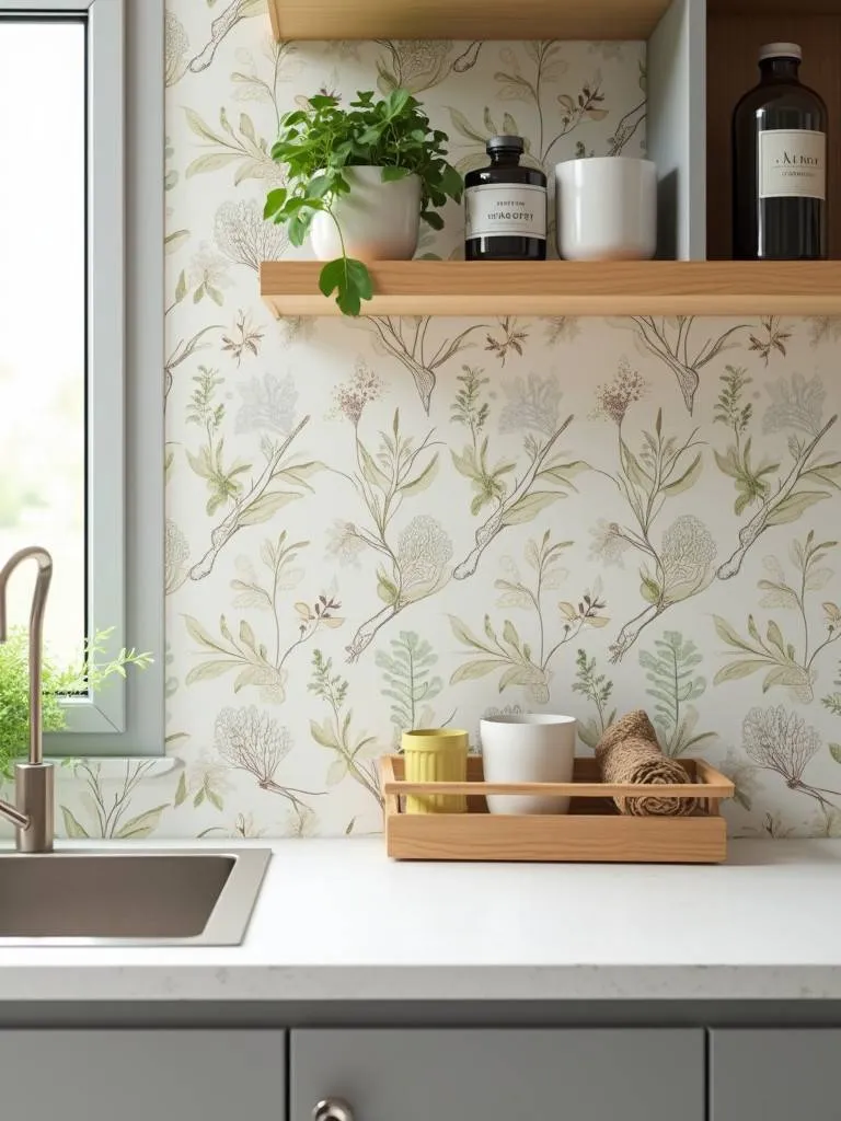 A kitchen corner featuring a botanical print wallpaper