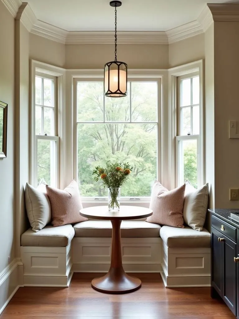 Cozy breakfast nook with a bench.