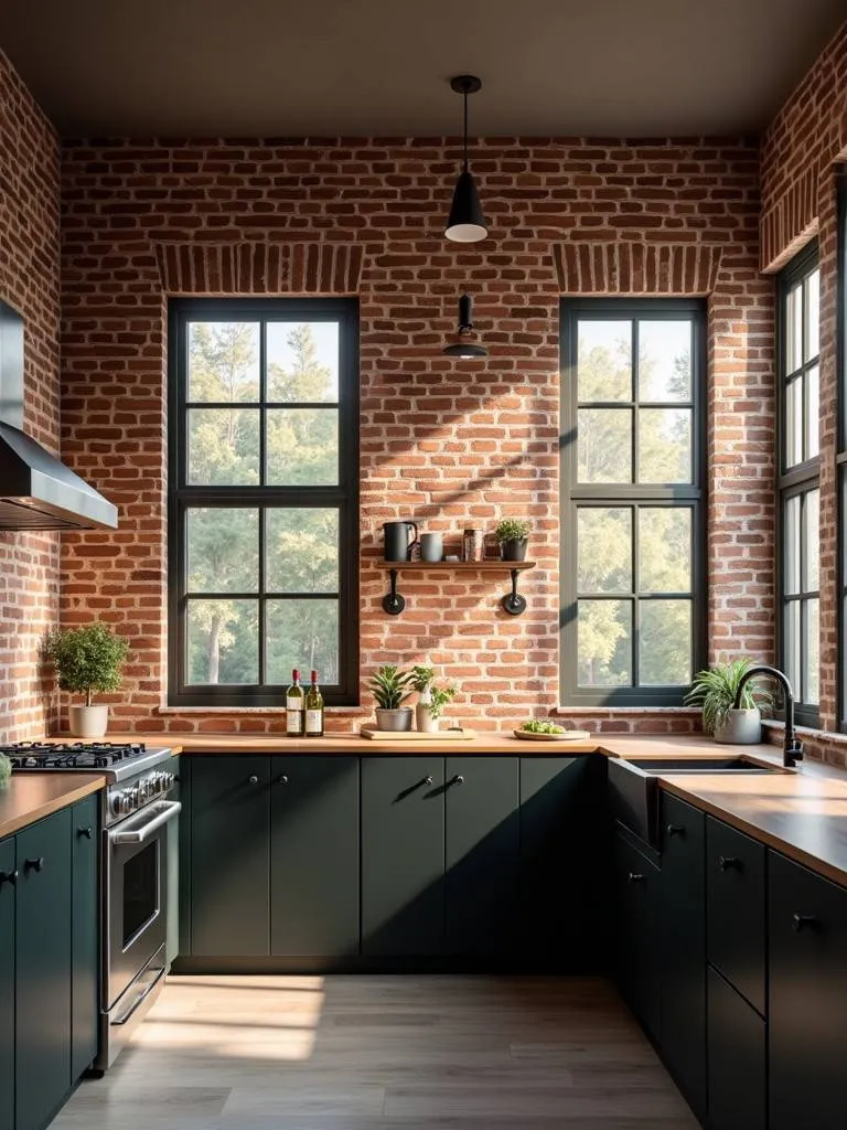 A kitchen with brick effect wallpaper wall