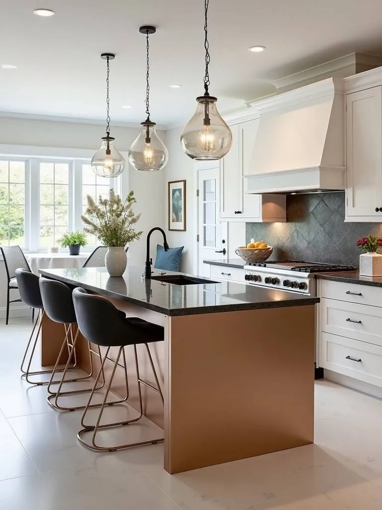 A luxurious white kitchen with a striking bronze metallic island and a dark granite countertop
