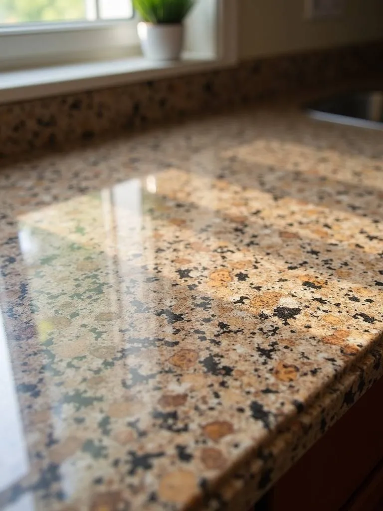 A close-up of a brown granite countertop.