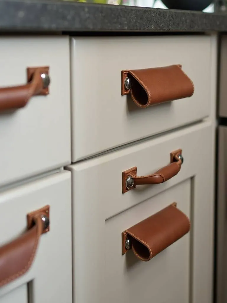 Brown leather drawer pulls on kitchen cabinets.