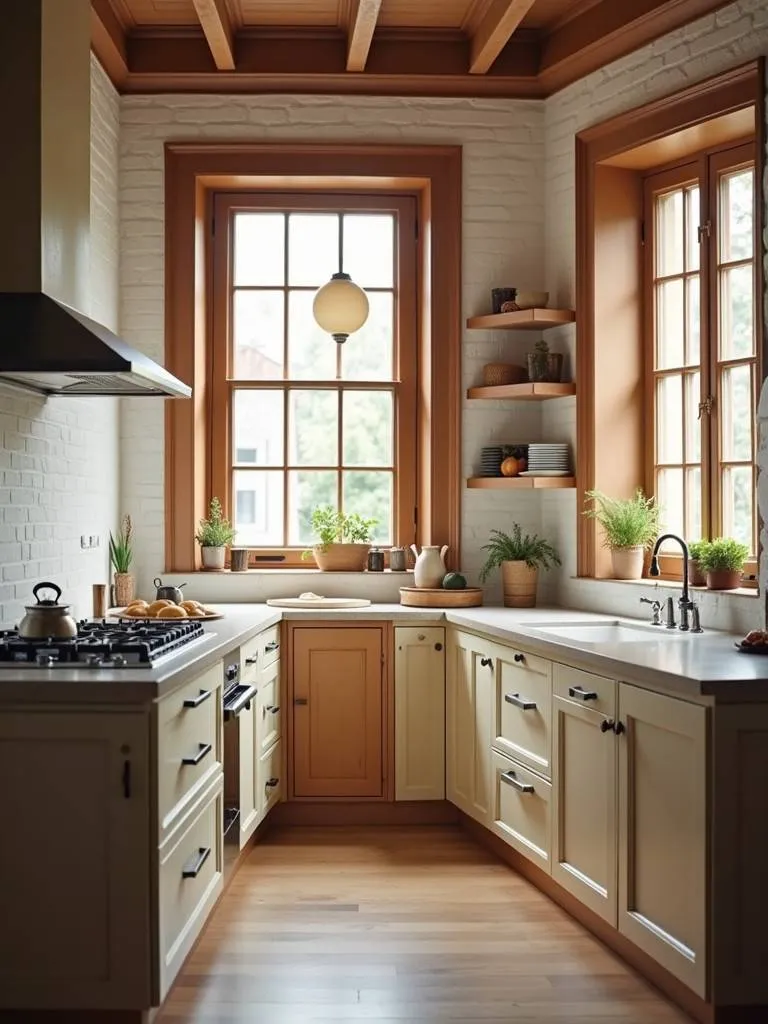 A kitchen with brown painted window frames.