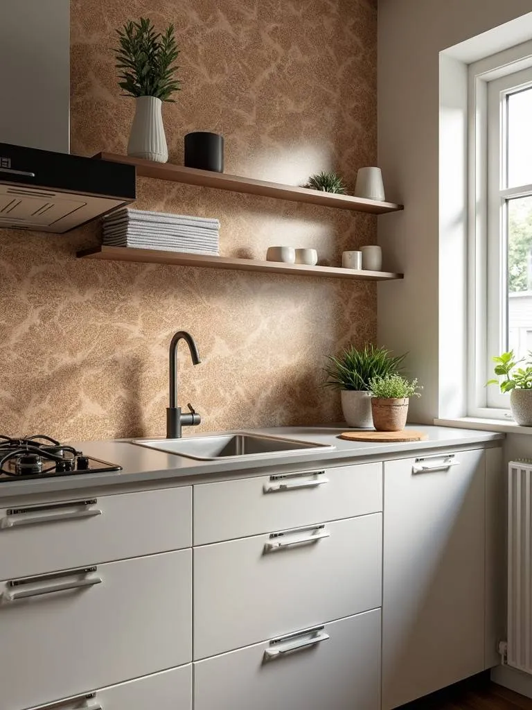 A brown patterned wallpaper accent wall in a kitchen.
