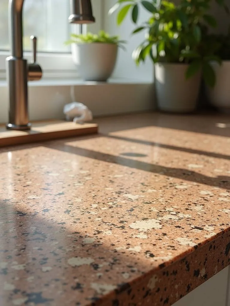 A close-up view of a brown quartz countertop.