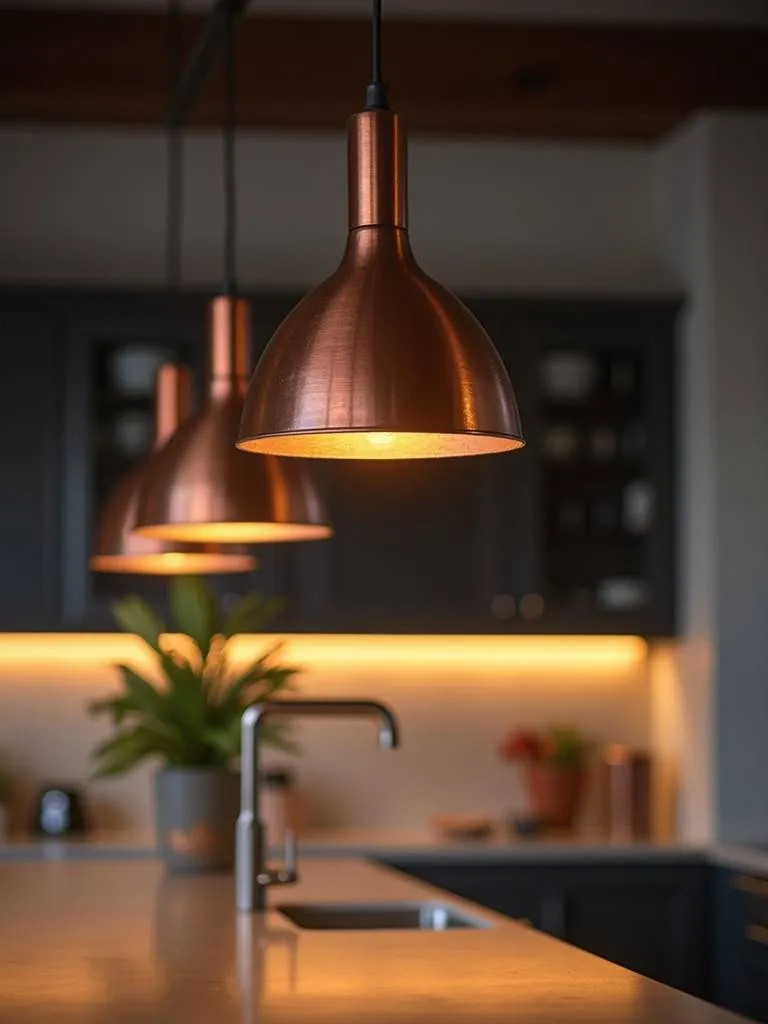 Brown and copper pendant lights hanging above a kitchen island.