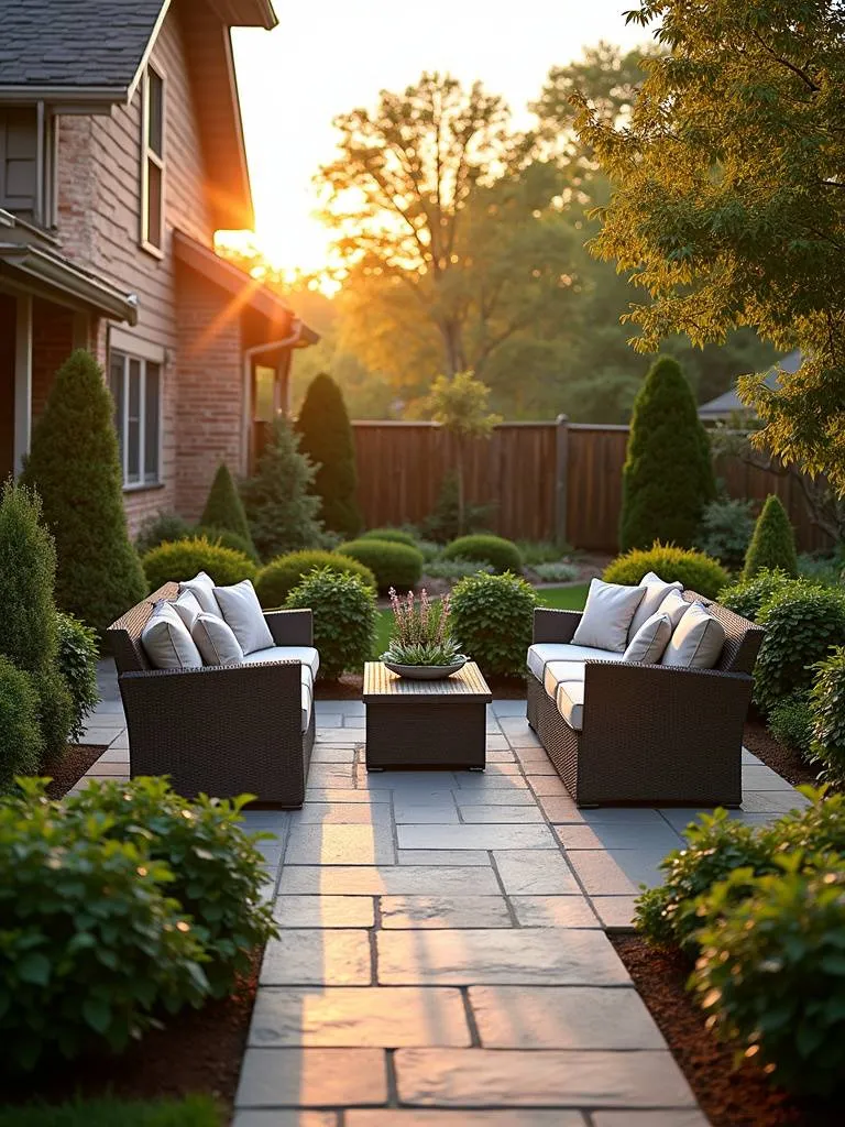 Front yard patio seating area at sunset