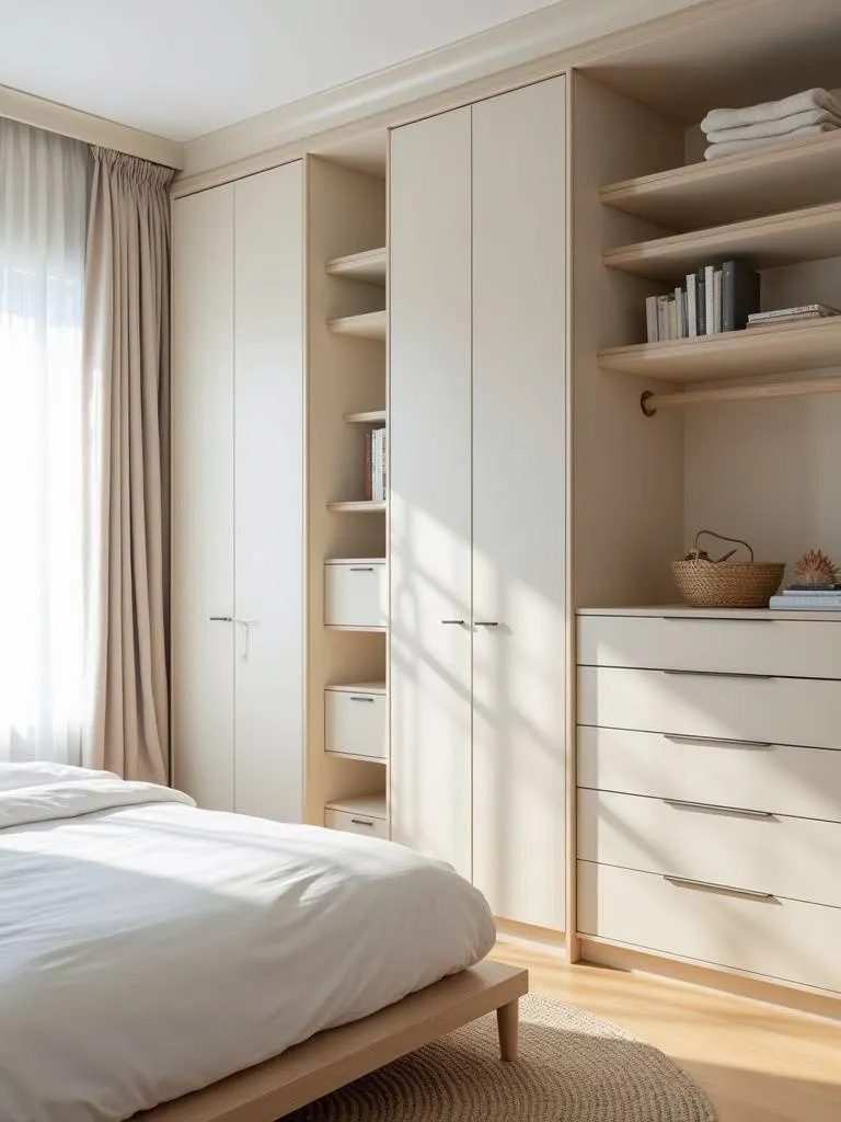 Corner shot of a bedroom with a full wall built-in light colored wardrobe with lots of drawers and storage.