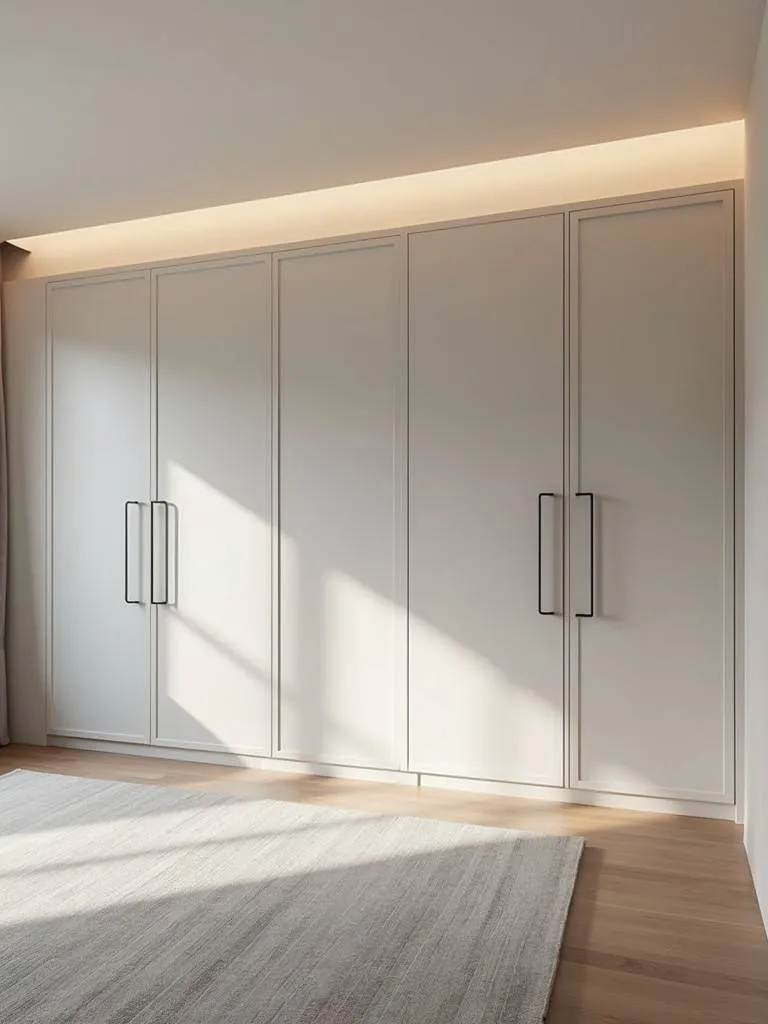 A modern bedroom with built-in wardrobes, designed to maximize storage space and blend seamlessly with the room’s decor