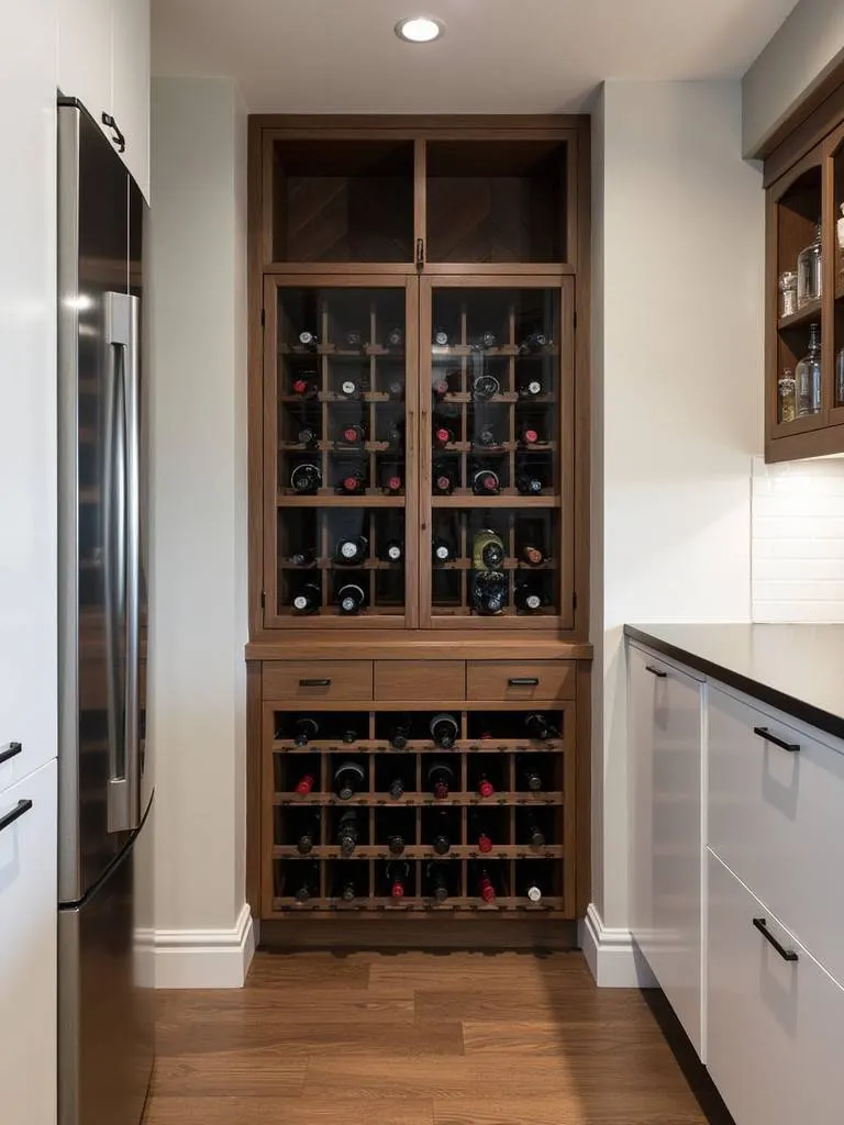 Modern kitchen with a built-in wine rack.