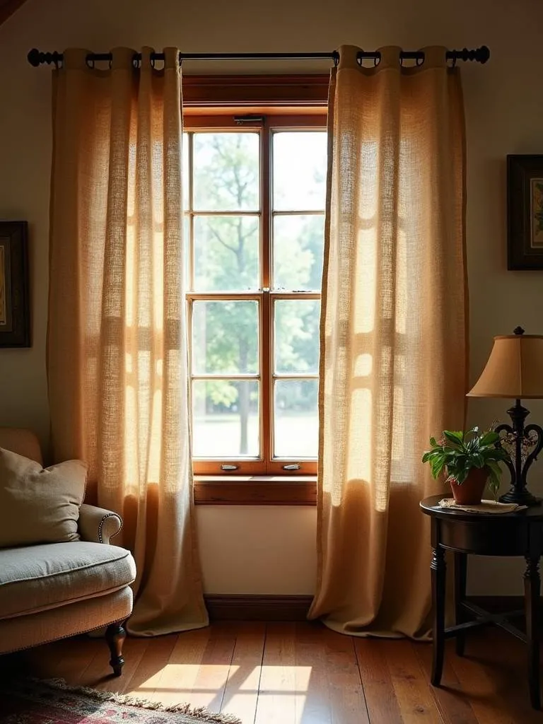 A rustic living room featuring burlap curtains.