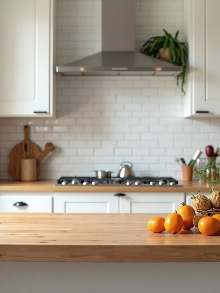 Kitchen with butcher block countertop.