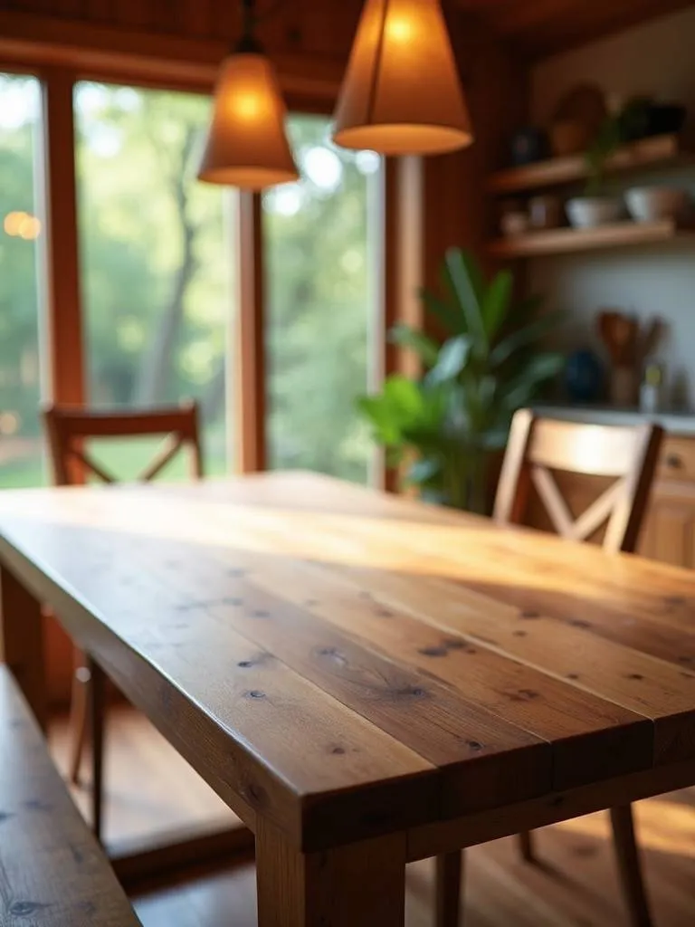 A butcher block top farmhouse table, set in a light and natural themed dining space