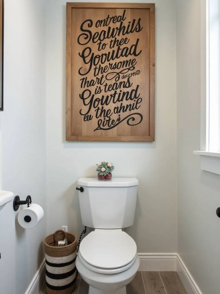 A modern farmhouse style bathroom with a wood panel featuring calligraphy art.