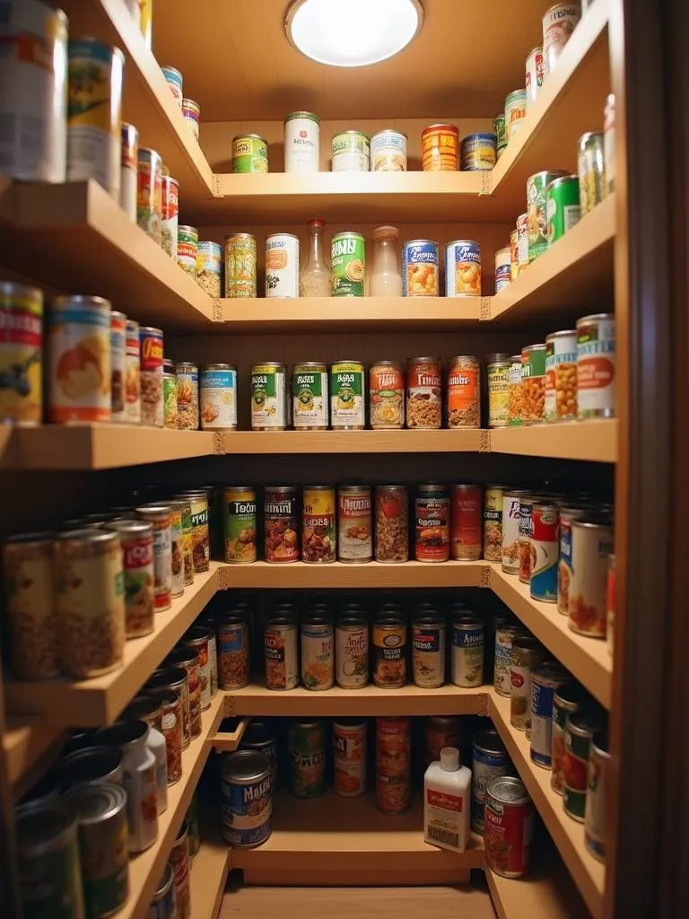 Image of a can dispenser rack in a kitchen pantry containing different canned food items