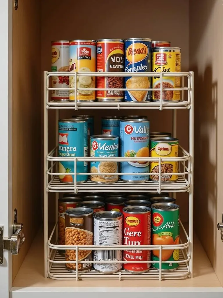A can organizer dispenser inside of a pantry containing multiple canned goods.