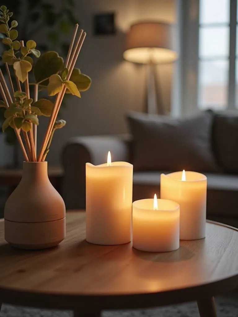 A coffee table with scented candles and a diffuser, enhancing a relaxing ambiance.
