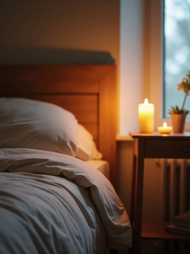 Scented candles creating a relaxing atmosphere in a cozy bedroom.