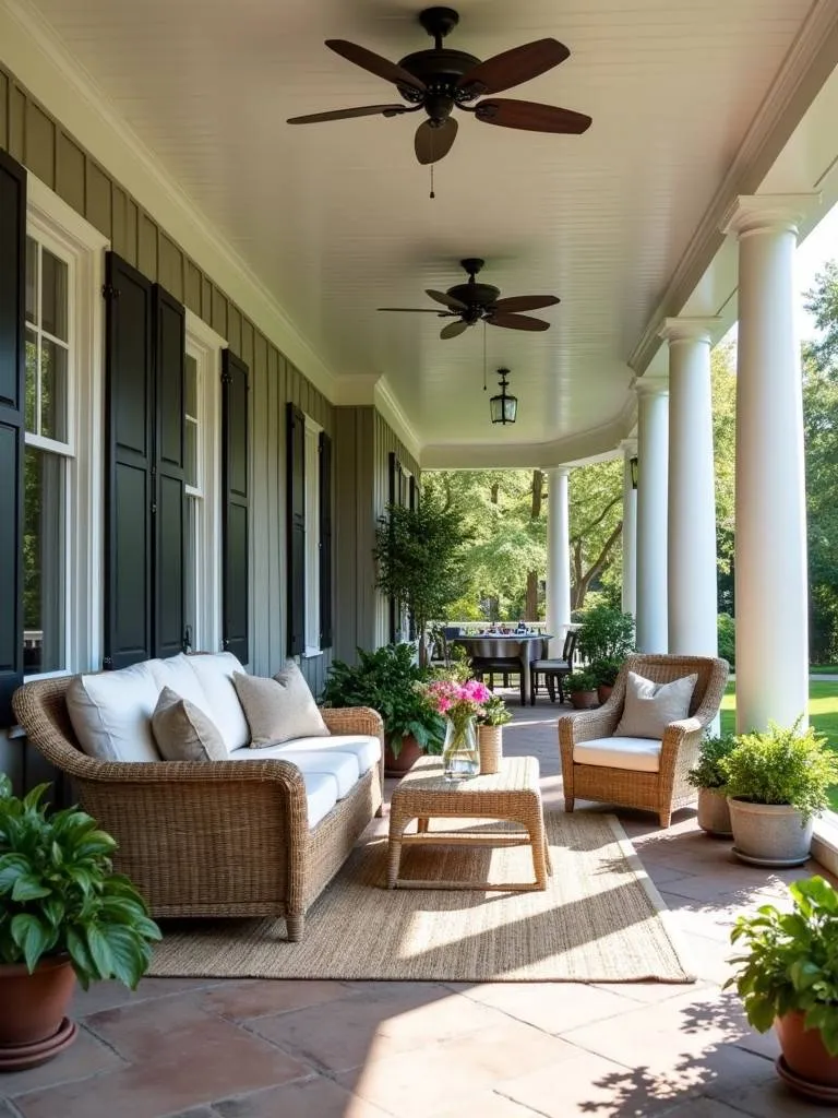 A front porch with a ceiling fan installed.