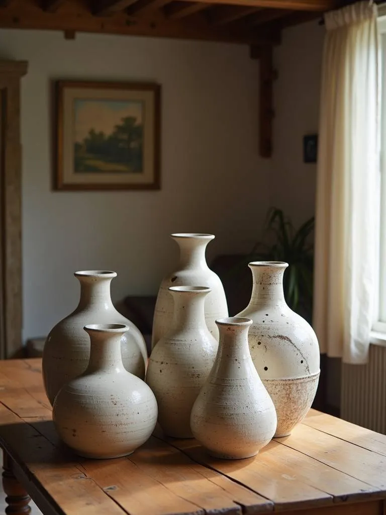 A collection of ceramic vases displayed in a rustic living room.