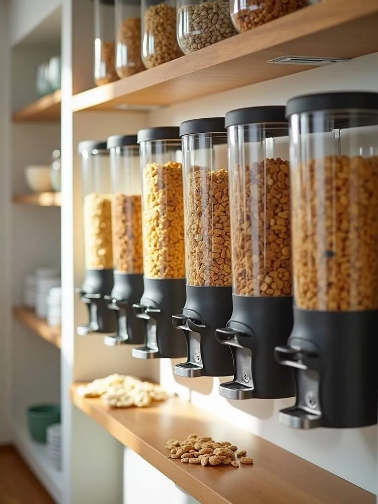 A pantry with wall-mounted cereal dispensers