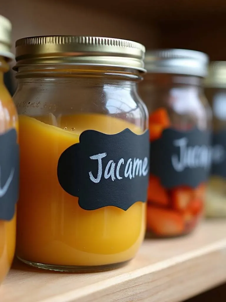 A pantry shelf with glass jars labeled with chalkboard labels