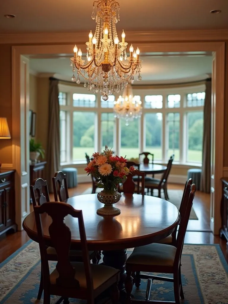 An elegant dining area with a classic chandelier above a round table.