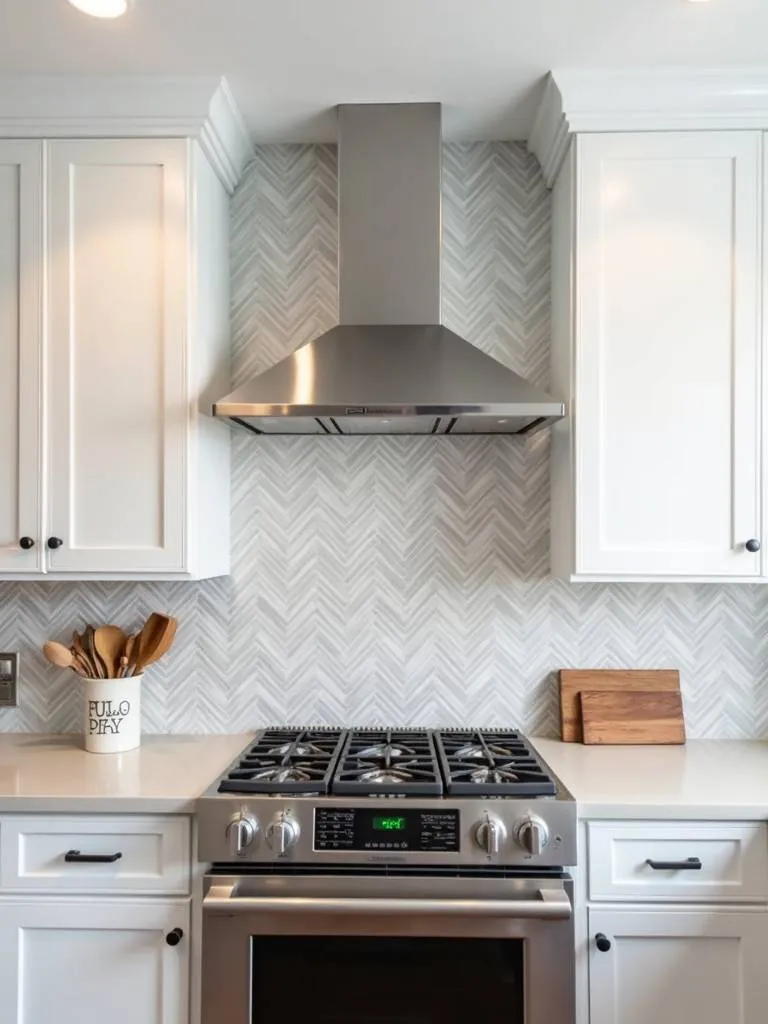 A kitchen with white cabinets and a chic herringbone pattern backsplash