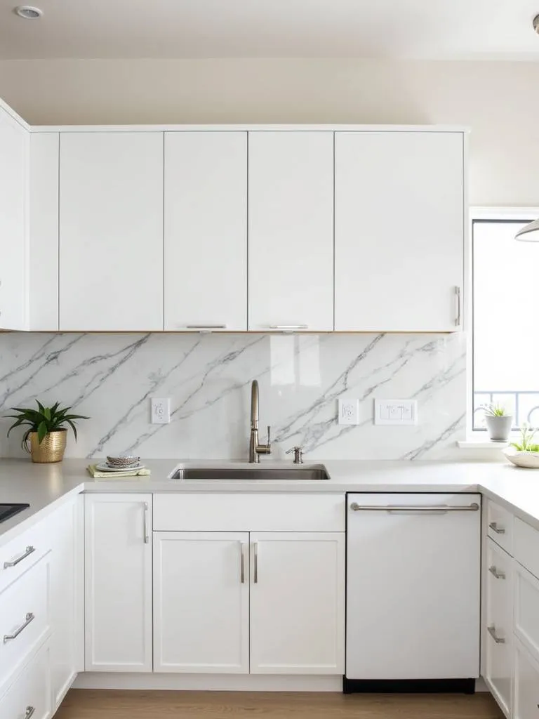 A kitchen with white cabinets and a chic quartz backsplash