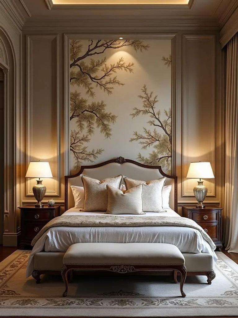 A sophisticated bedroom featuring a Chinoiserie wallpaper accent wall, complemented by ornate furniture and soft lighting.