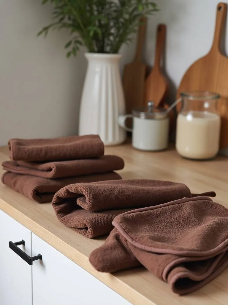 Chocolate brown kitchen textiles displayed on a counter.