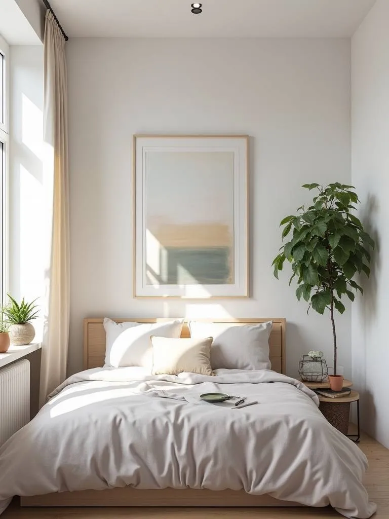 A small room is enhanced with a large piece of wall art that compliments the room’s design.