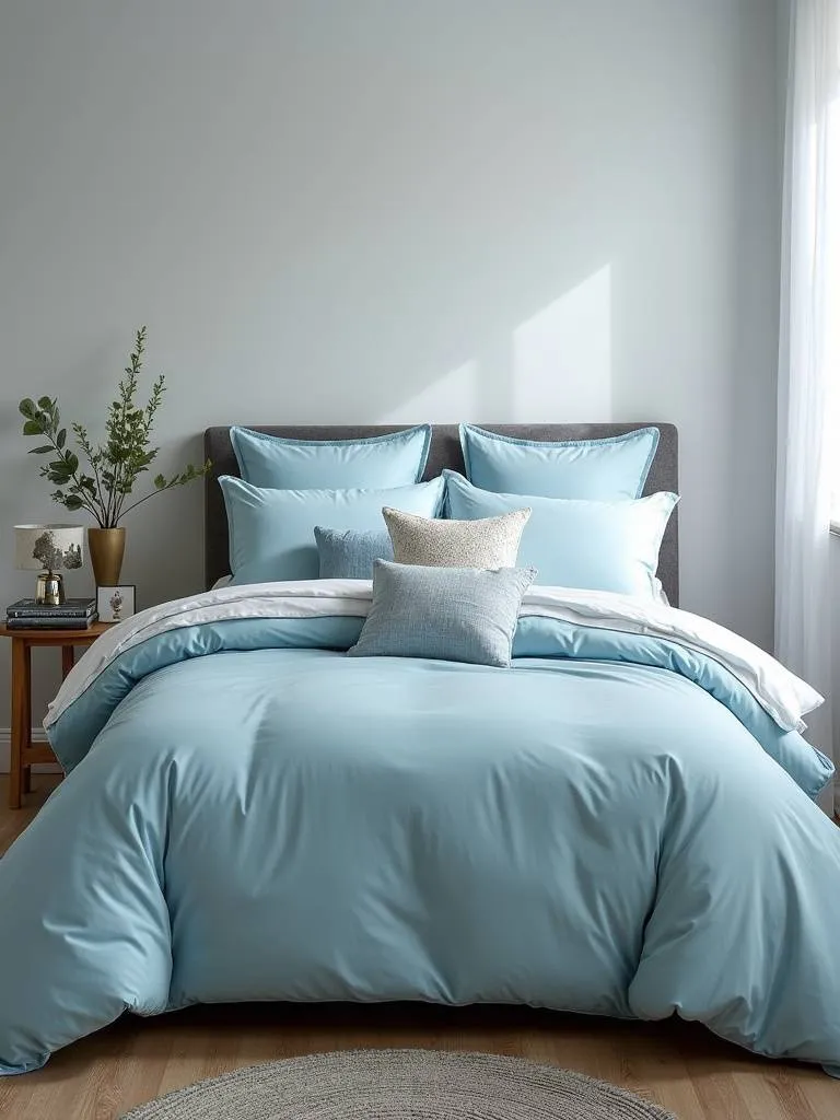 A harmonious bedroom with a cohesive bedding set that combines color and pattern, enhancing the comfort and style.