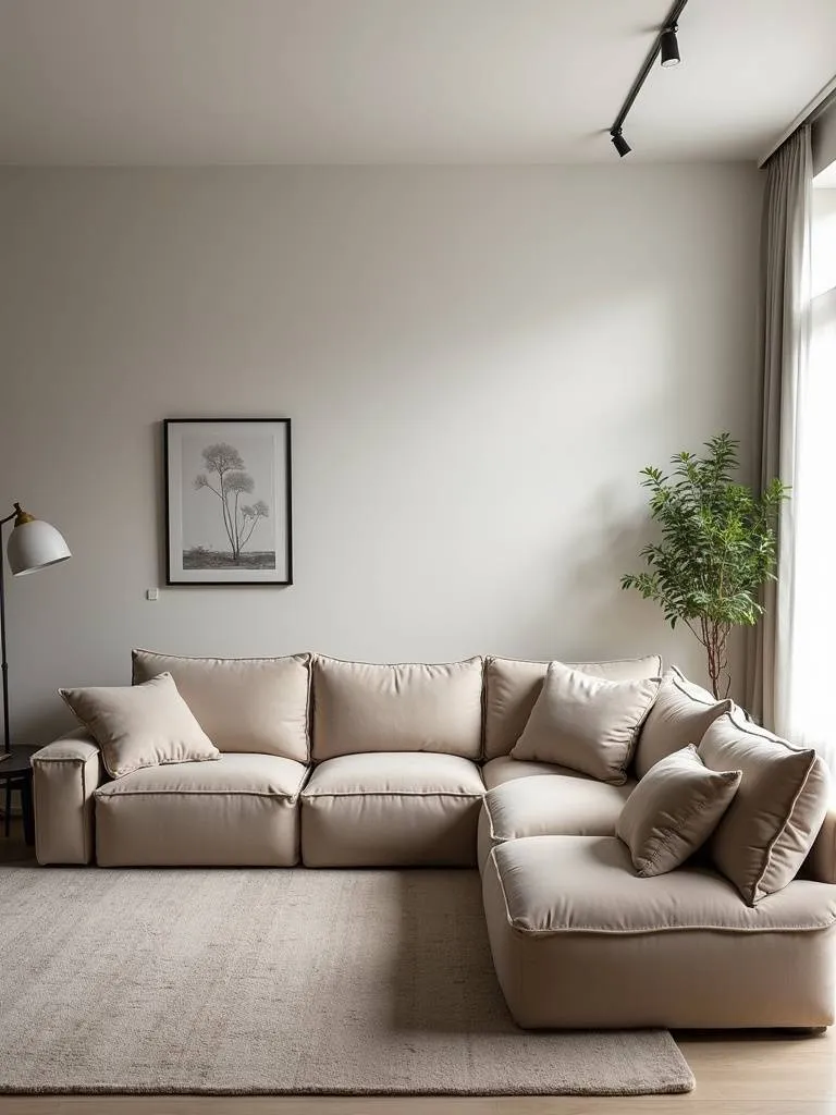A living room featuring a comfortable, extra large and deep sofa.