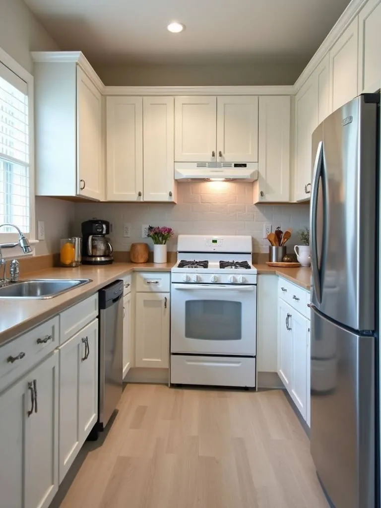 Small kitchen with compact appliances, including a smaller refrigerator and slimline dishwasher, displaying efficient use of space.