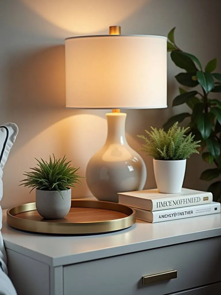 Nightstand featuring stylish decorative and functional accessories