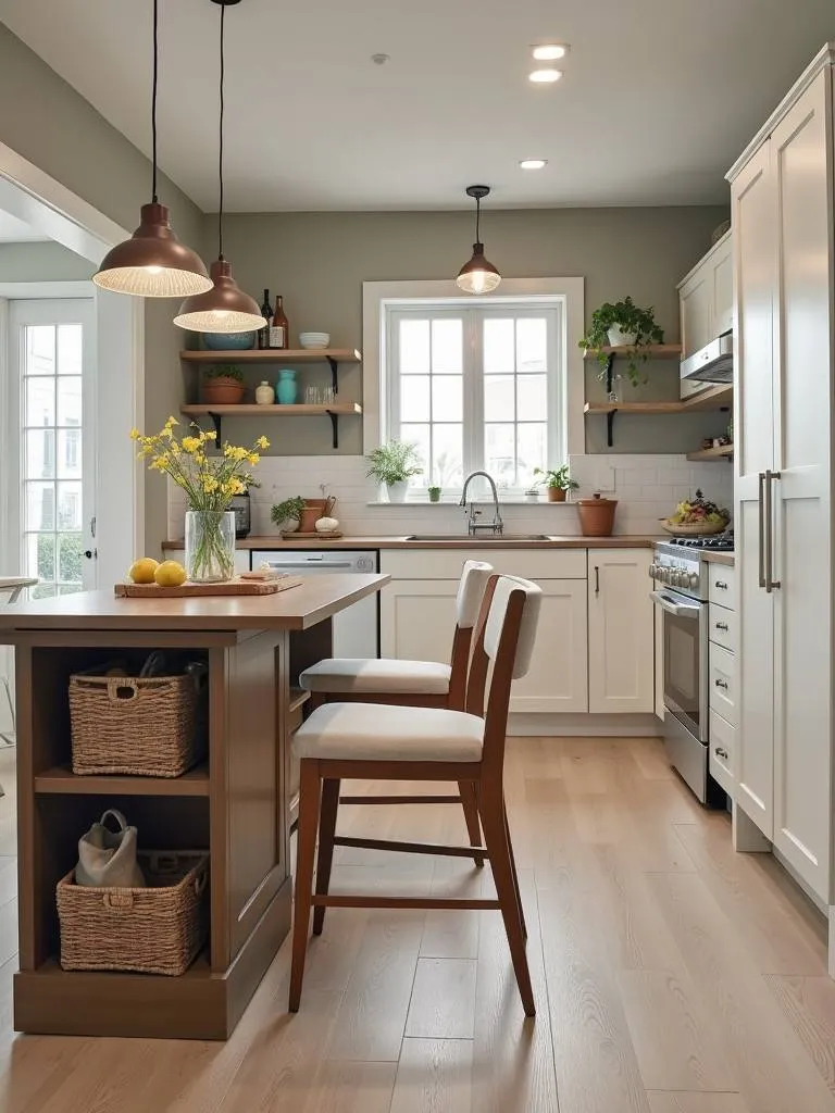 small kitchen with multi-functional furniture, such as an island with storage and seating, showcasing efficient use of space.