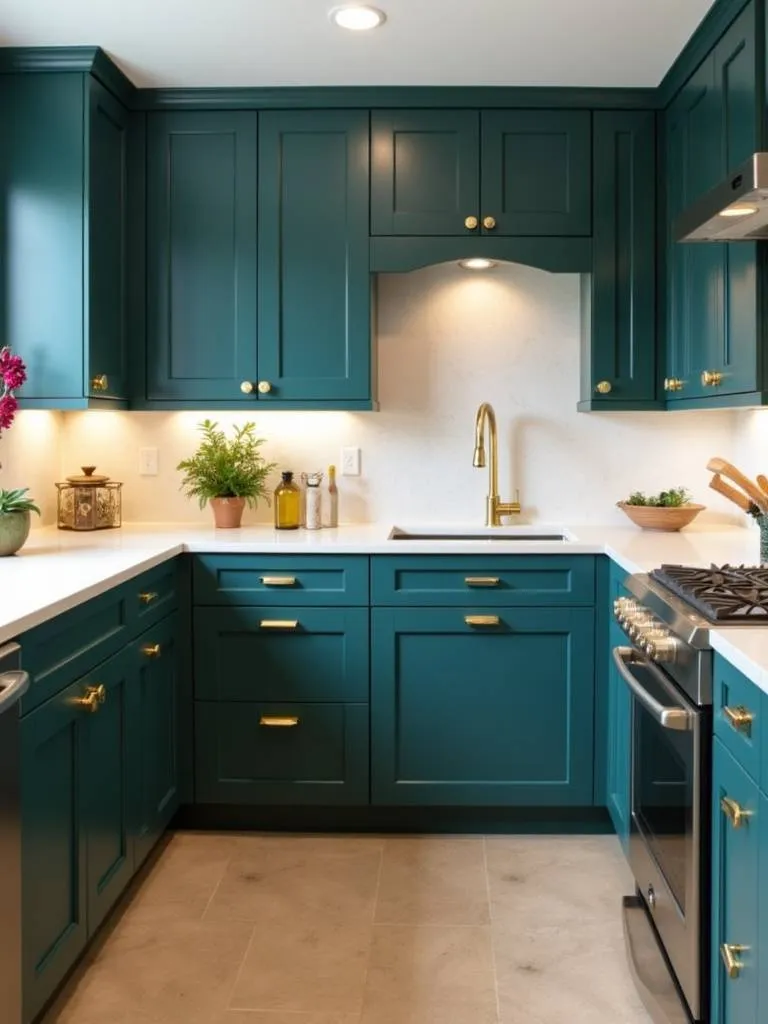 Modern kitchen with dark teal colored cabinets with gold hardware.