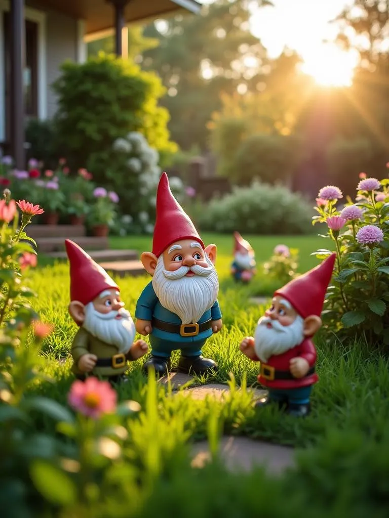 A front yard with classic garden gnomes nestled among flowers and plants.