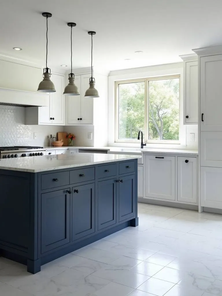 A modern white kitchen with a striking navy blue island featuring a white marble countertop