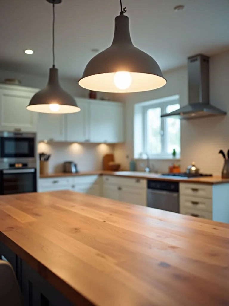 A well-lit modern kitchen with a classic pendant light above a wooden table.
