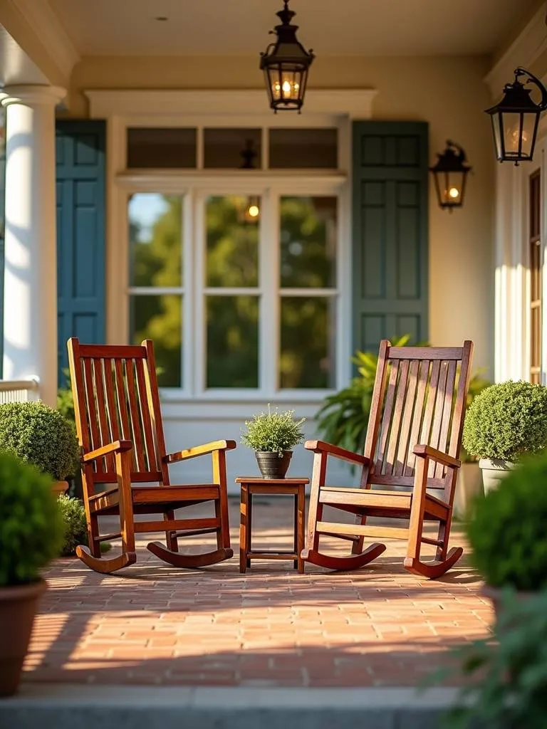 Classic front porch ideas with two classic wooden rocking chairs, a side table, and potted plants.
