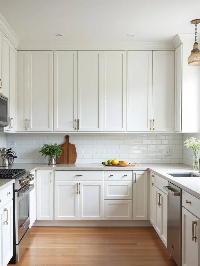A bright kitchen with white cabinets and a classic white subway tile backsplash