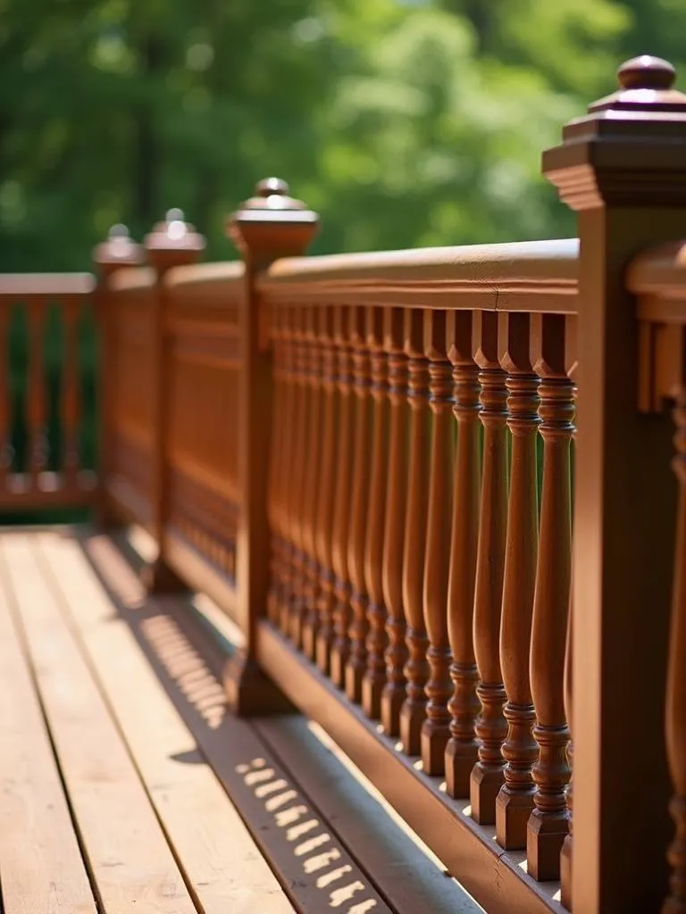 Classic wooden deck railing with detailed spindles, showcasing the warm wood tones under natural lighting.