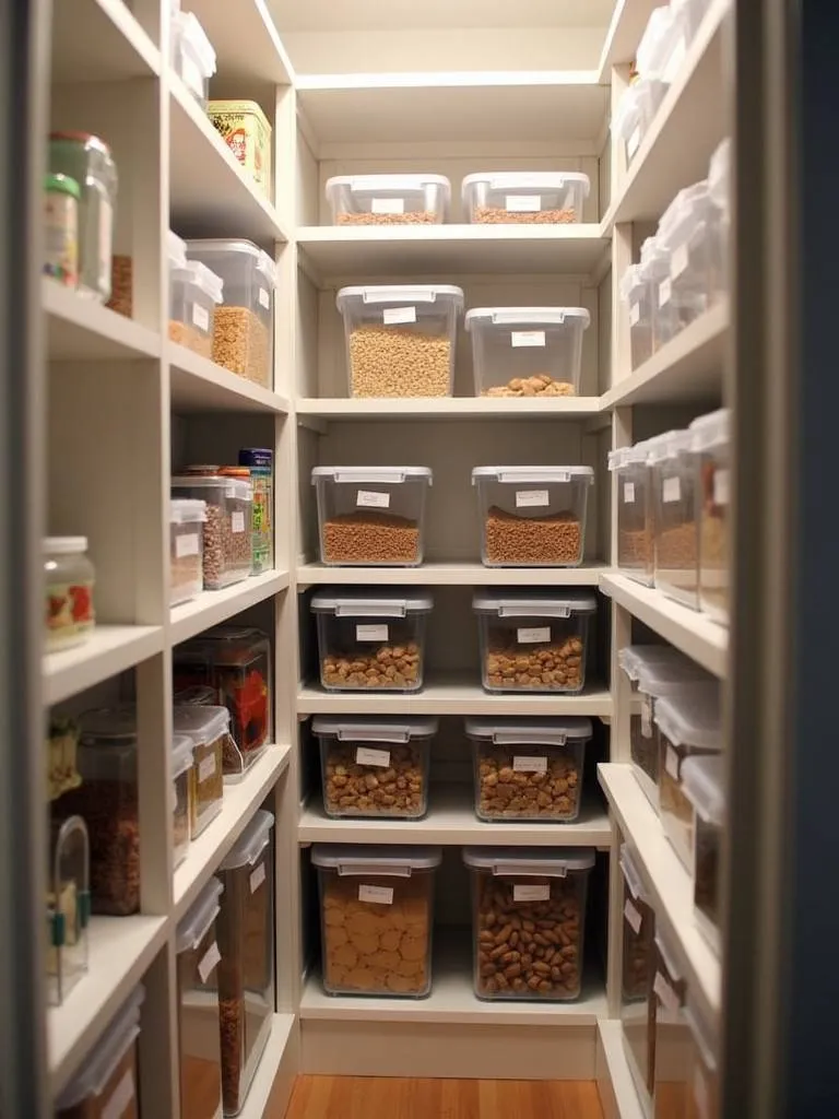 Clear plastic storage bins filled with food items organized on pantry shelves