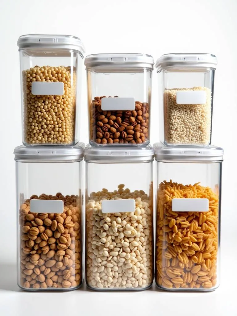 Image of clear storage containers of different sizes filled with different dry food items with clear labels