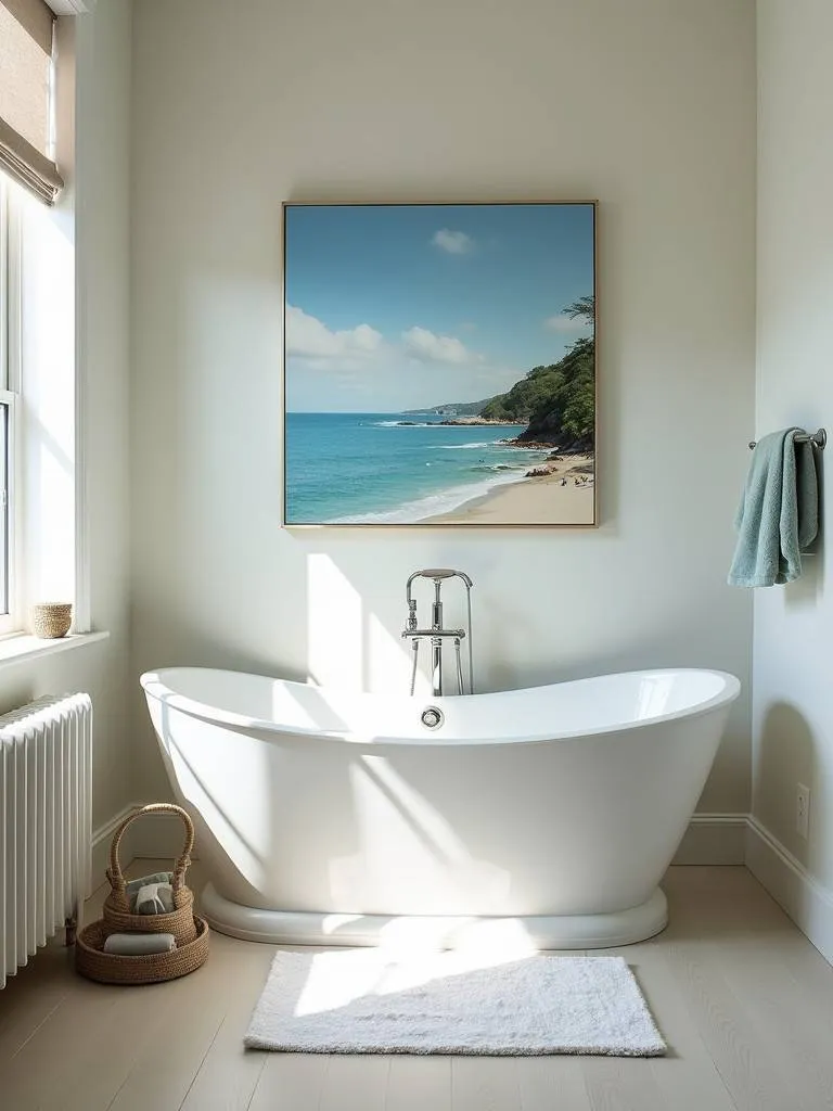 A serene, coastal-themed bathroom with a large landscape painting above the bathtub.