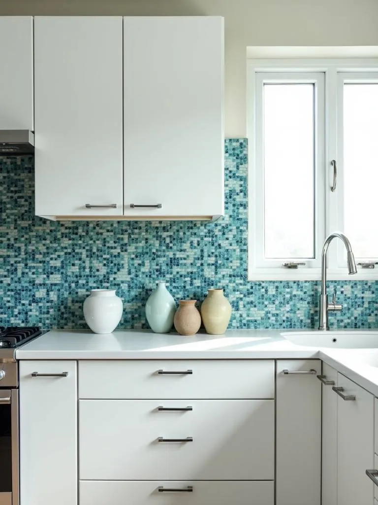 A kitchen with white cabinets and a colorful mosaic tile backsplash