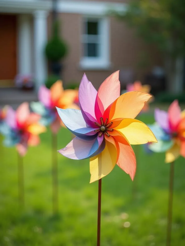 A front yard with colorful pinwheels spinning in the wind.